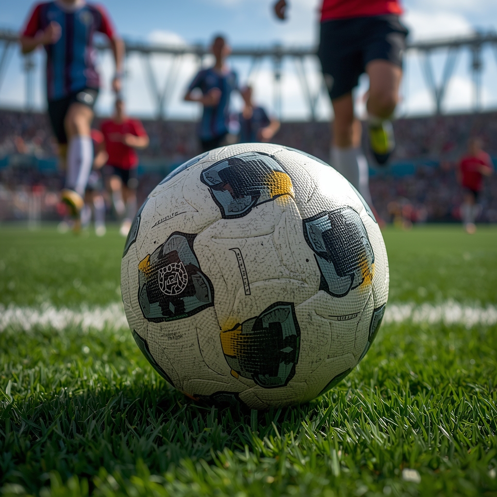 Nano Banana2 prompt: Close up of a highly detailed soccer ball on bright green stadium grass, with athletic male figures running blurred in the background, daytime, NO WOMEN